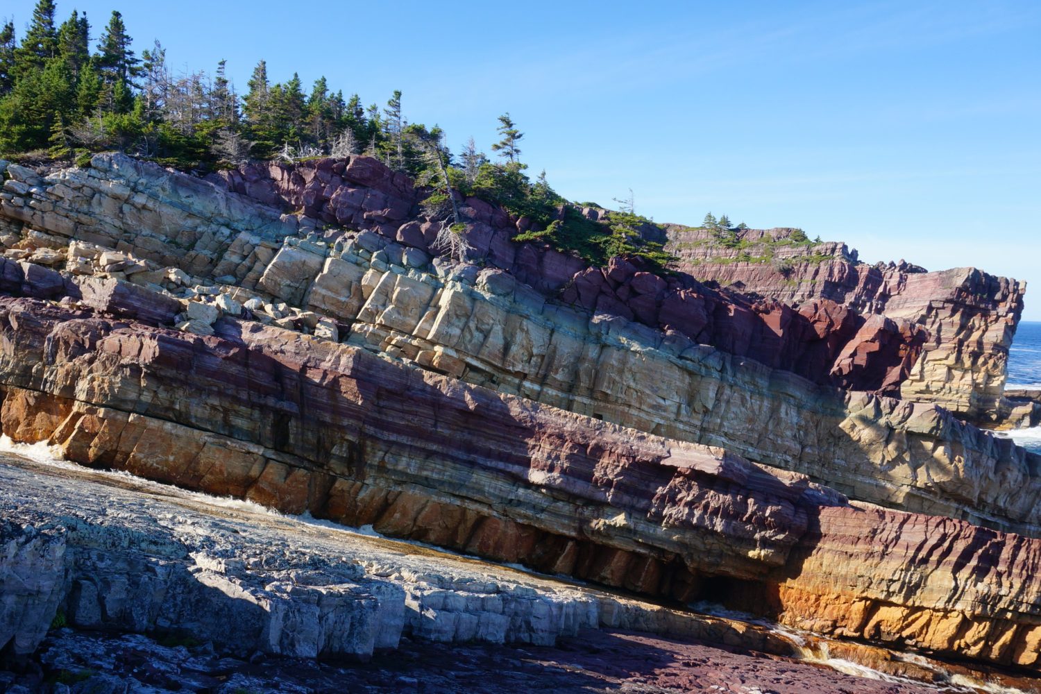 Multi-coloured cliffs of King's Cove