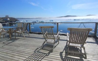 The deck of Admiral's Lookout Vacation Home, overlooking spring ice.