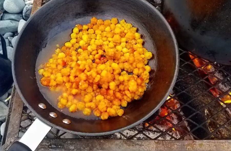 Colourful yellow bakeapples are browned in a frying pan on a rocky beach in Newfoundland