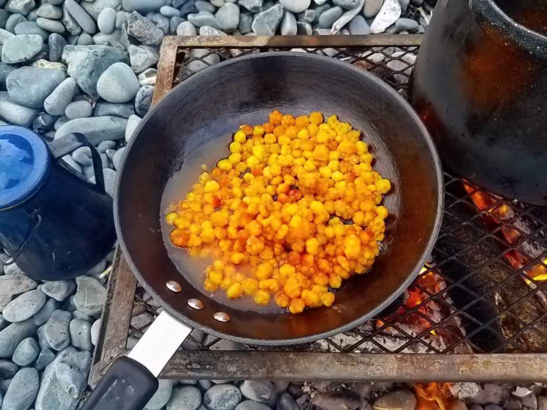 Colourful yellow bakeapples are browned in a frying pan on a rocky beach in Newfoundland